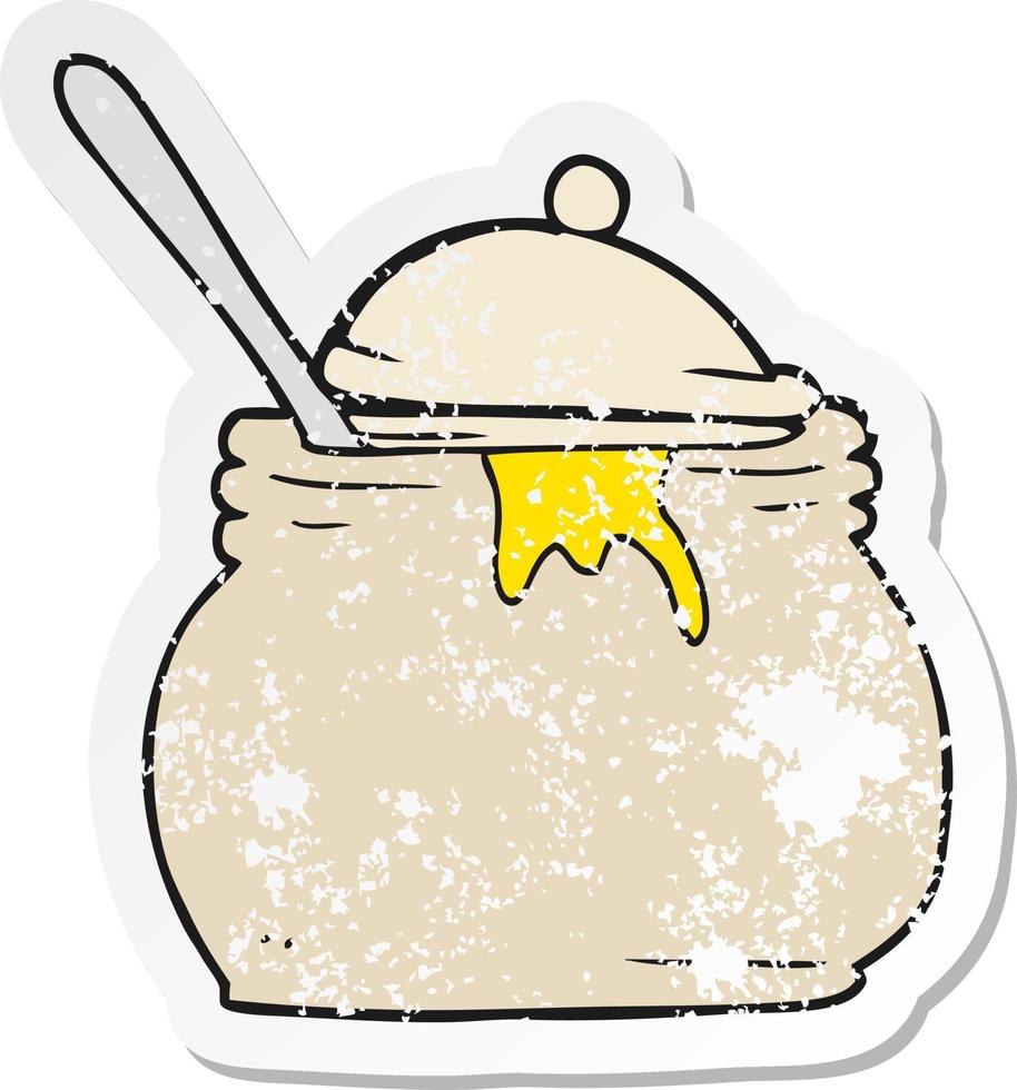 retro distressed sticker of a cartoon mustard pot vector