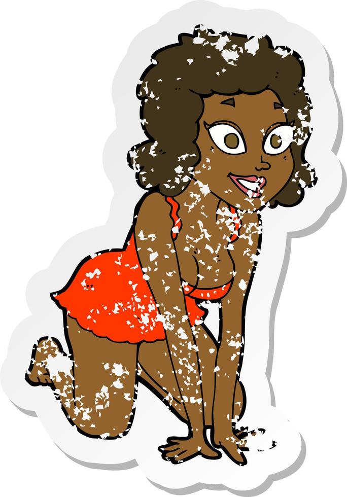 retro distressed sticker of a cartoon funny sexy woman vector