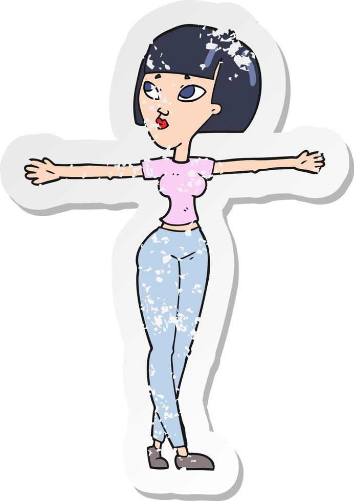 retro distressed sticker of a cartoon woman spreading arms vector