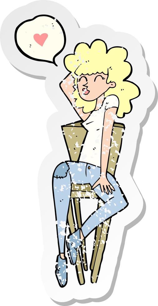retro distressed sticker of a cartoon woman posing on chair vector