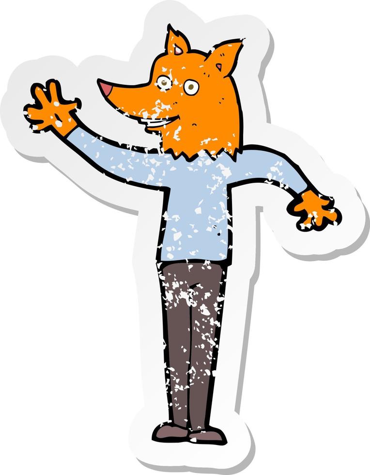 retro distressed sticker of a cartoon waving fox man vector