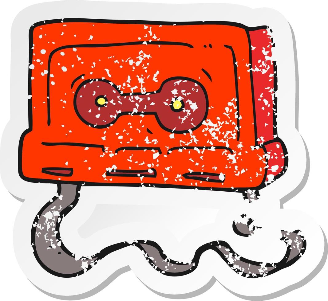 retro distressed sticker of a cartoon cassette tape vector
