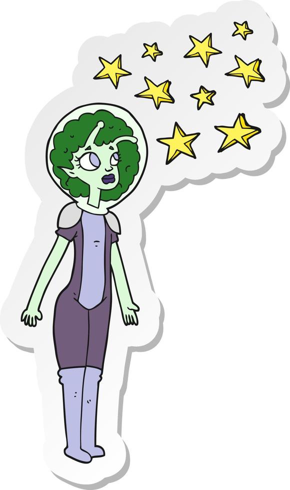 sticker of a cartoon alien space girl vector