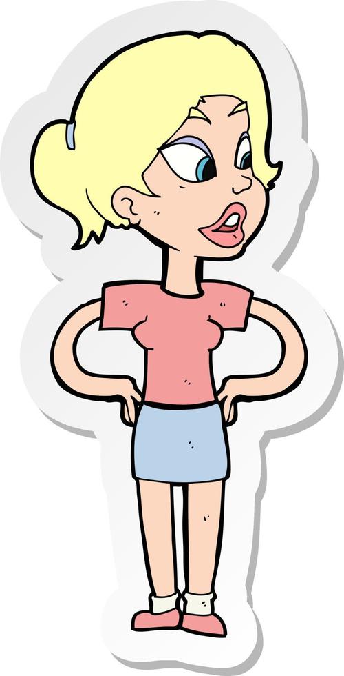 sticker of a cartoon woman with hands on hips vector