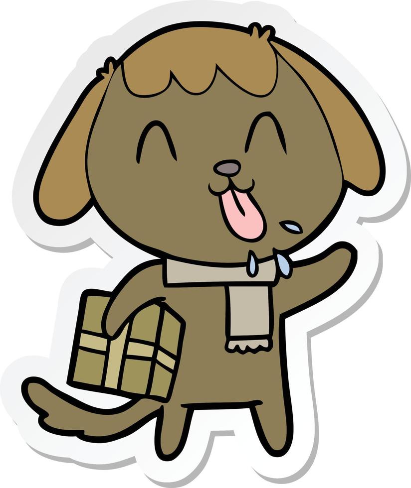 sticker of a cute cartoon dog with christmas present vector