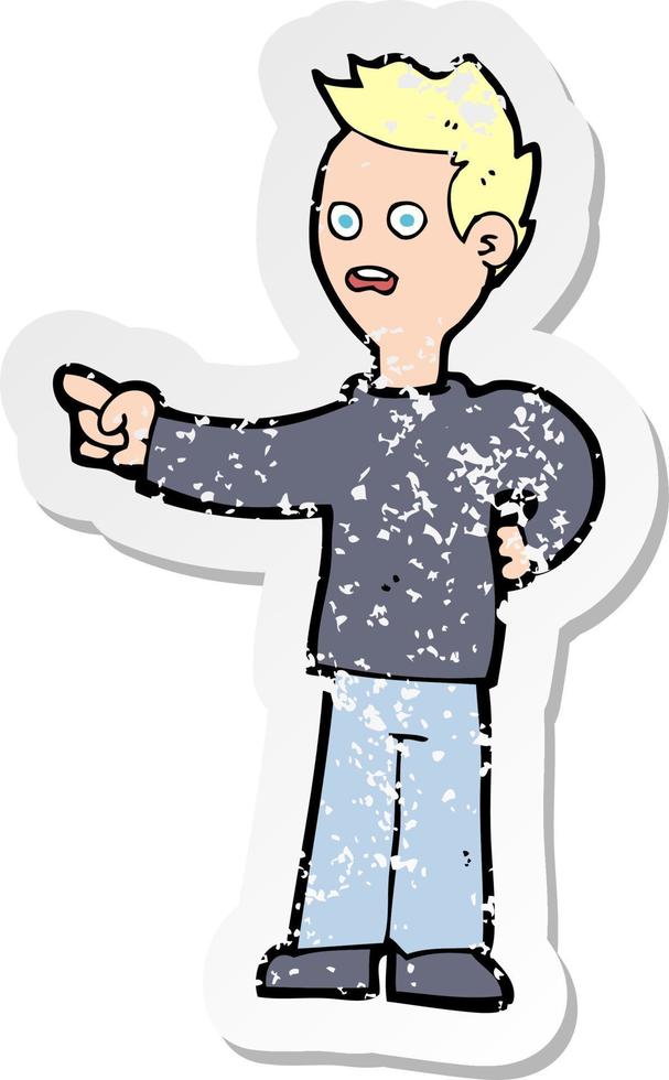 retro distressed sticker of a cartoon shocked boy pointing vector