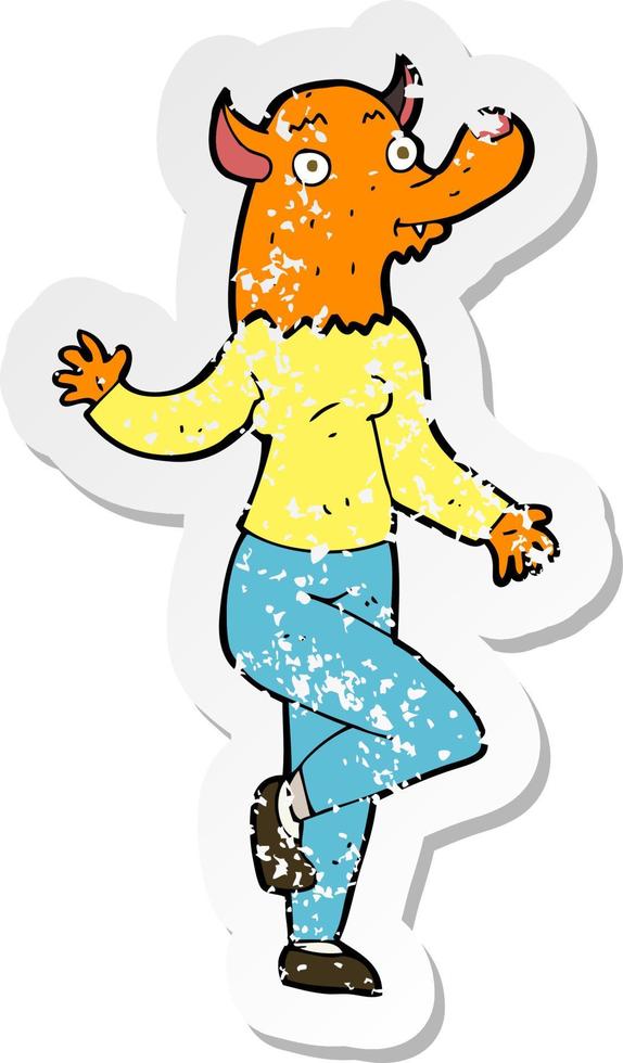 retro distressed sticker of a cartoon dancing fox woman vector