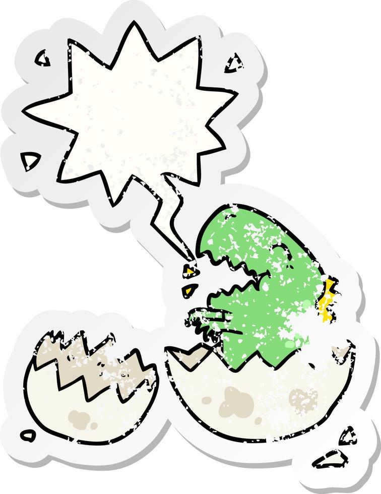 cartoon dinosaur hatching from egg and speech bubble distressed sticker vector