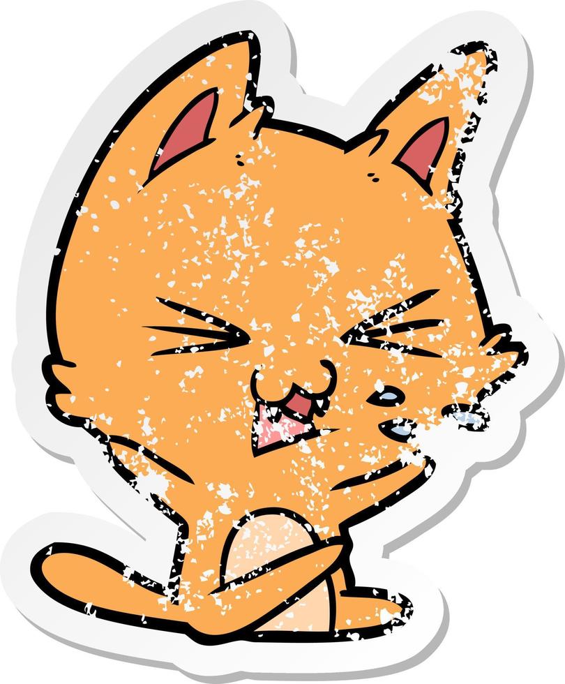 distressed sticker of a cartoon cat hissing vector