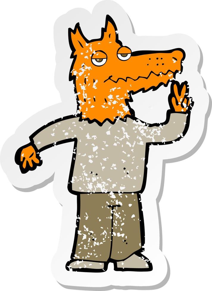 retro distressed sticker of a cartoon happy fox man vector