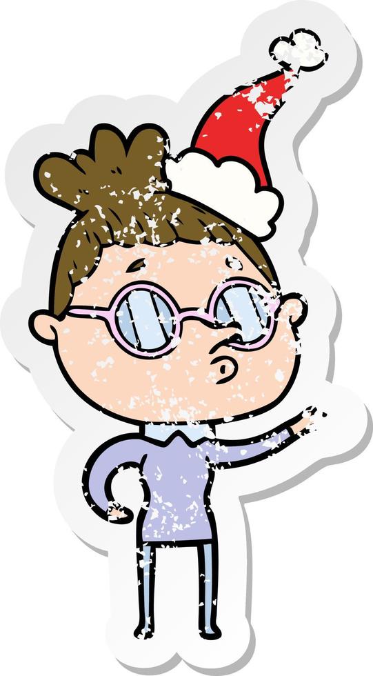 distressed sticker cartoon of a woman wearing glasses wearing santa hat vector