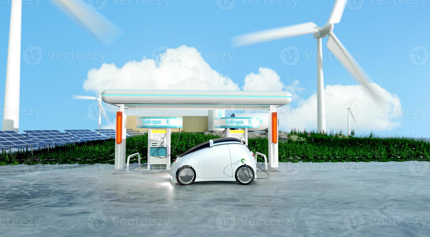 hydrogen power car with hydrogen station, green hydrogen and renwable power concept photo