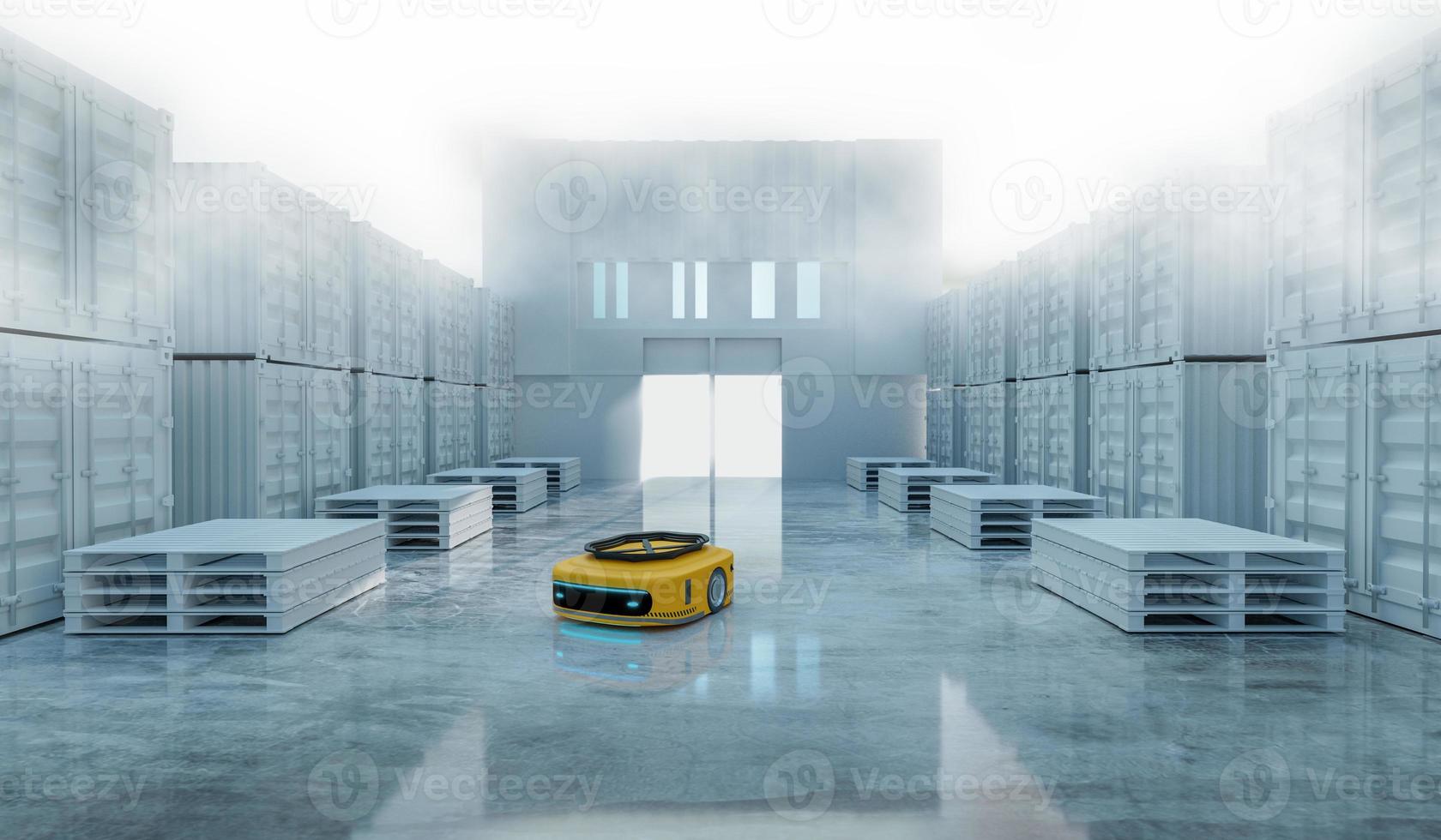 AGV machine in white warehouse, logistic and product stock warehouse, robotic machine working photo