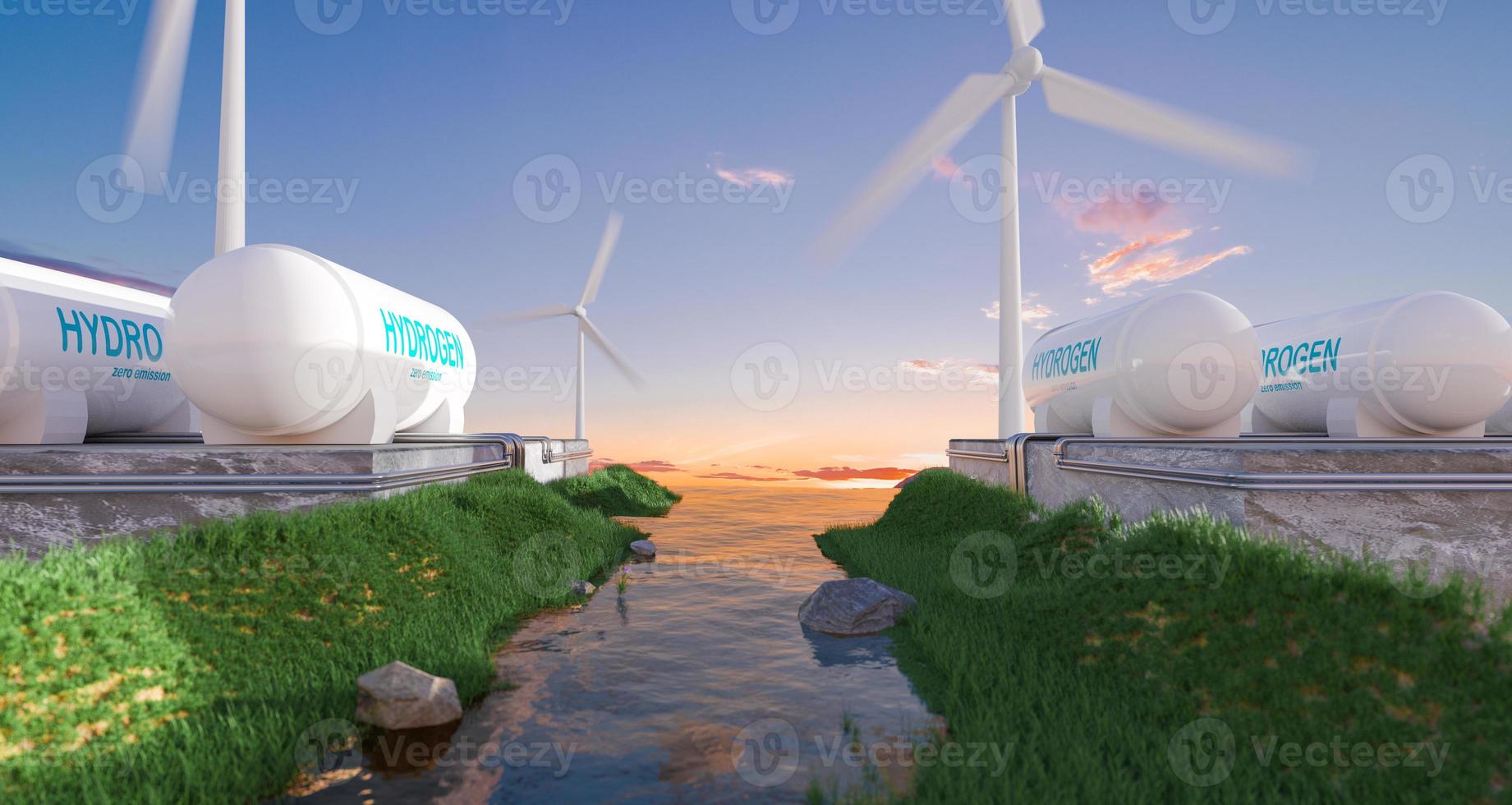 hydrogen power and wind tubine for generate green hydrogen nearly big river, zero emission power photo