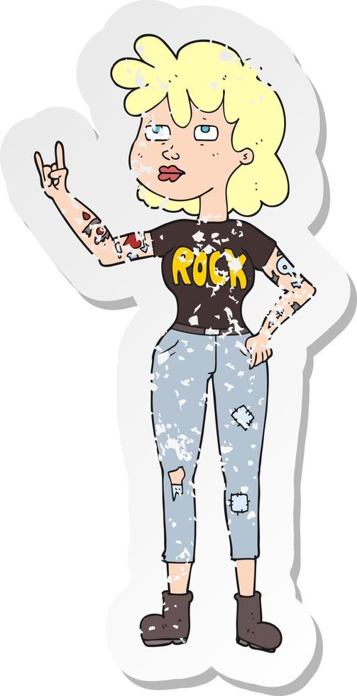 retro distressed sticker of a cartoon rocker girl vector