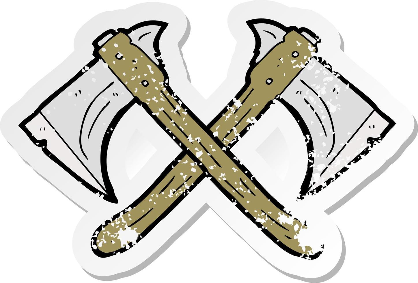 retro distressed sticker of a cartoon crossed axes vector