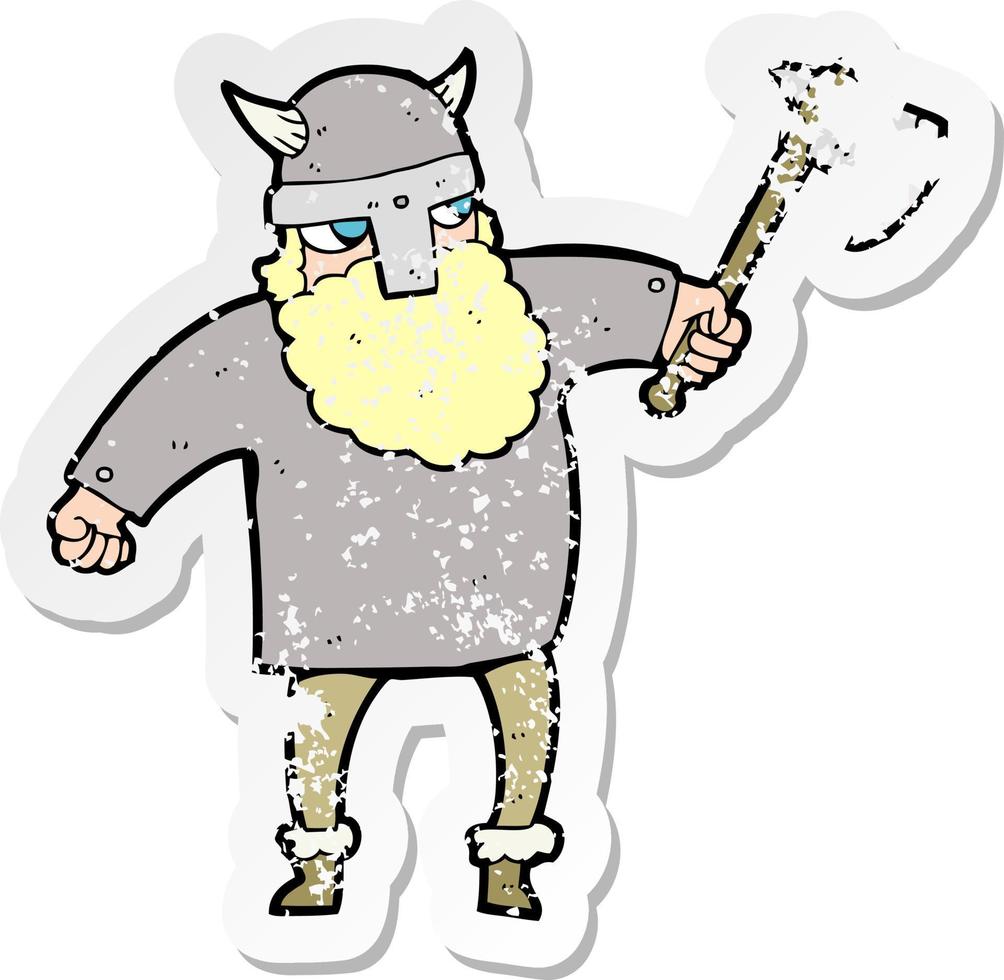 retro distressed sticker of a cartoon viking warrior vector