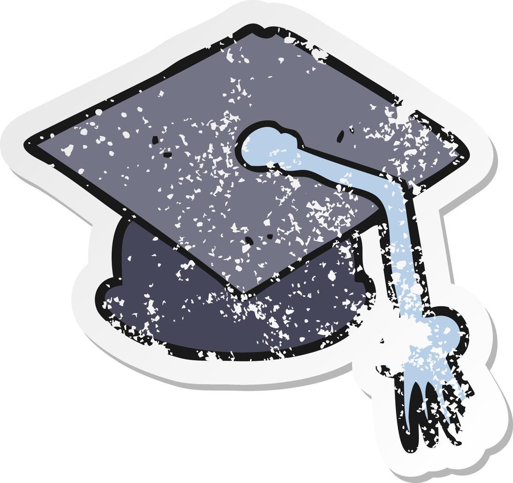 retro distressed sticker of a cartoon graduation cap vector