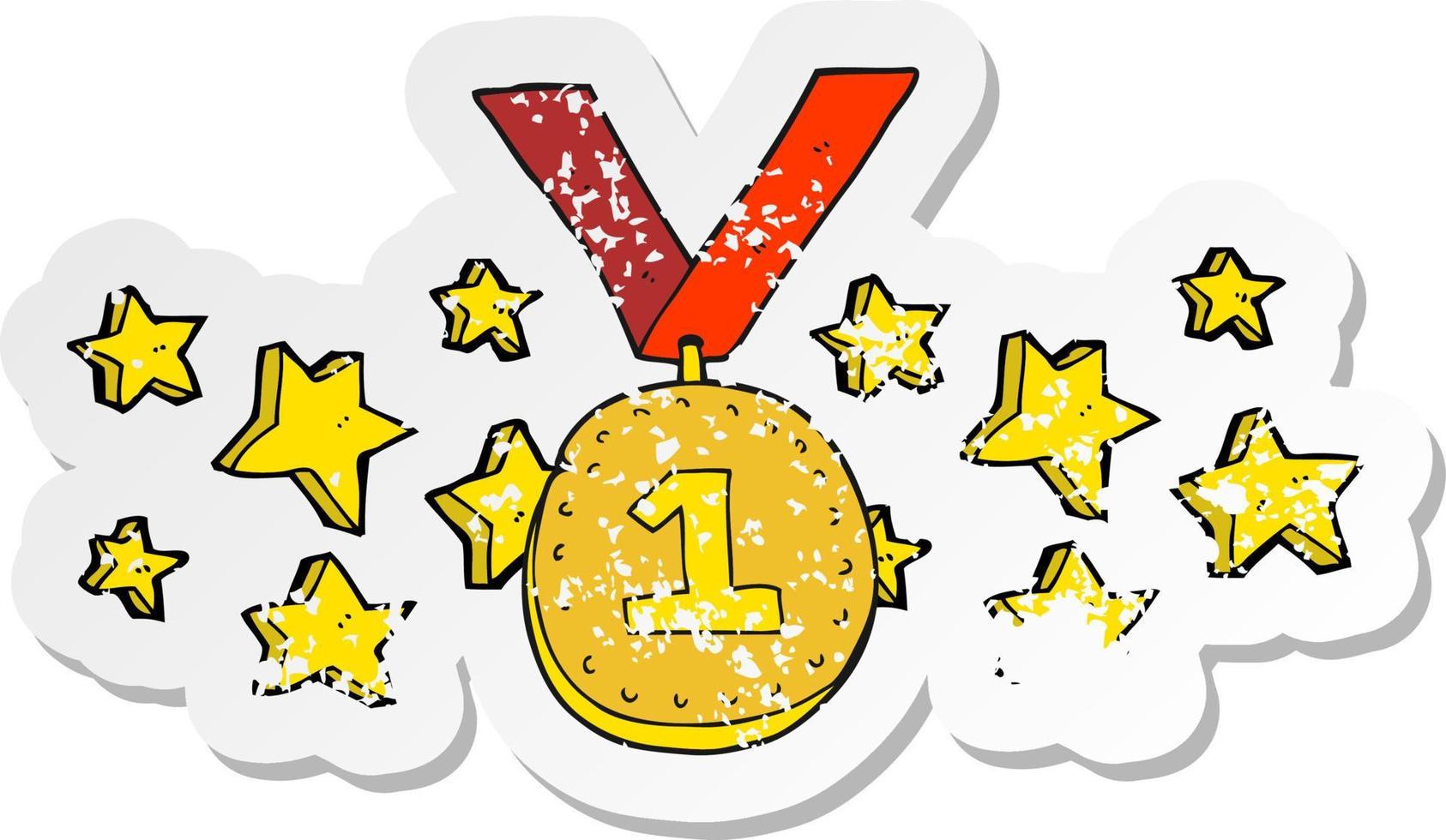 retro distressed sticker of a cartoon first place medal vector