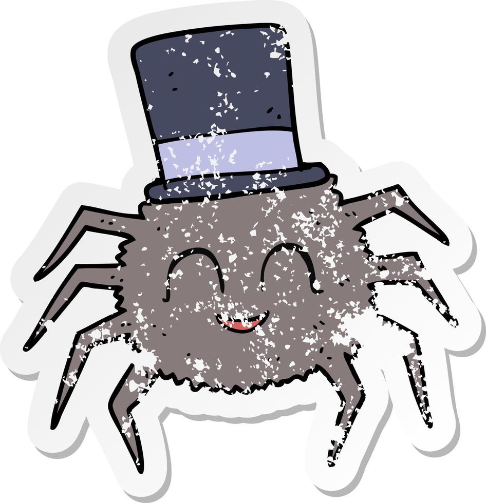 pegatina retro angustiada de una araña de dibujos animados con sombrero de copa vector