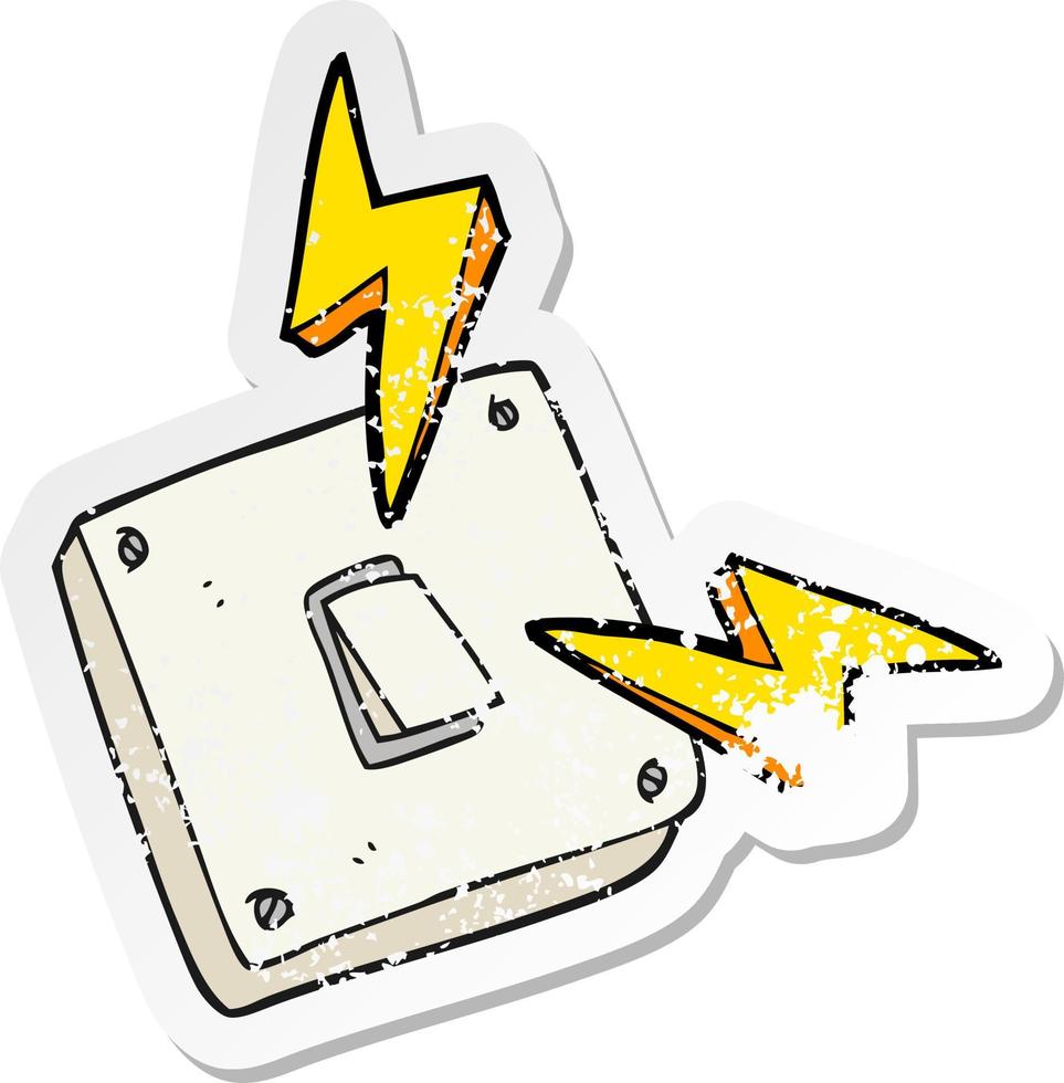 pegatina retro angustiada de una caricatura que enciende el interruptor de la luz eléctrica vector