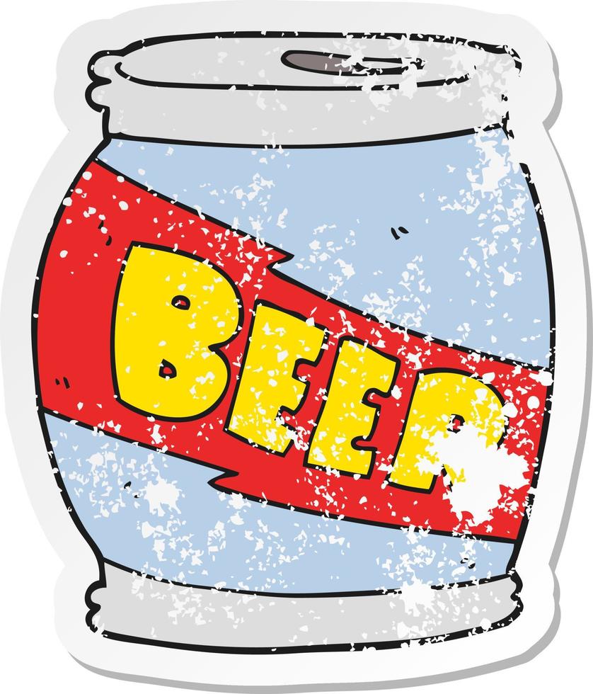 retro distressed sticker of a cartoon beer can vector