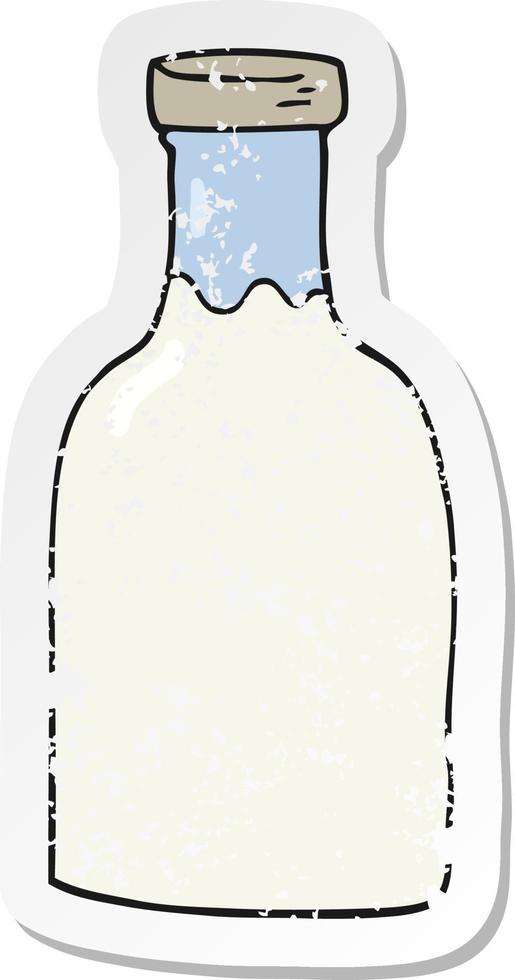 pegatina retro angustiada de una botella de leche de dibujos animados vector