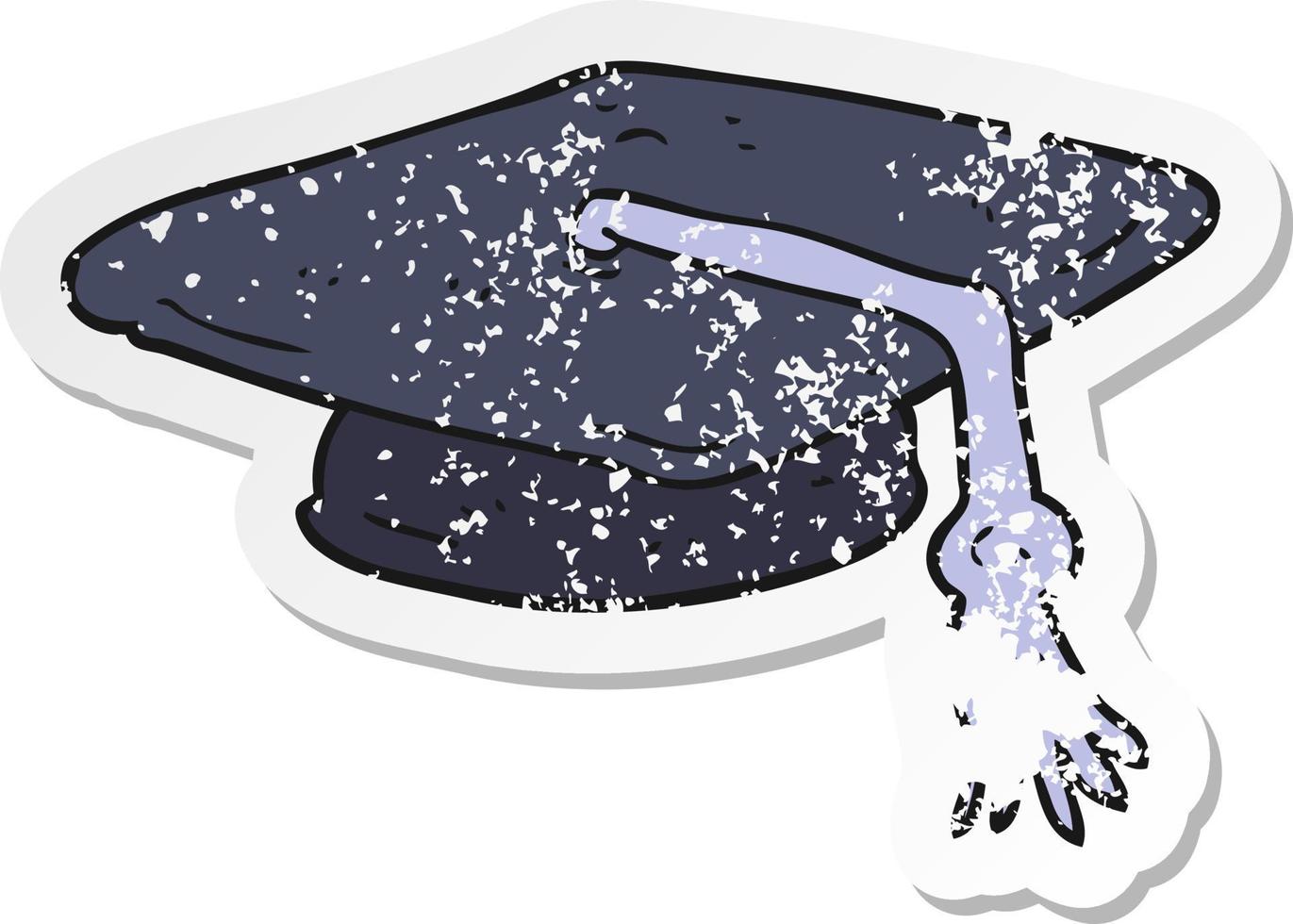 retro distressed sticker of a cartoon graduation cap vector