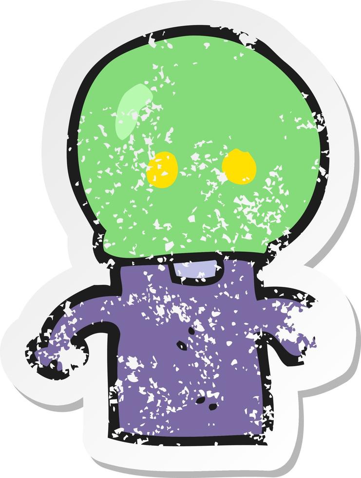 retro distressed sticker of a cartoon little alien vector