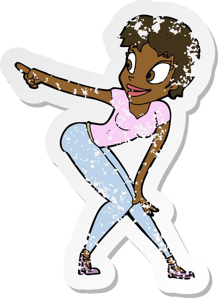 retro distressed sticker of a cartoon pretty woman pointing vector