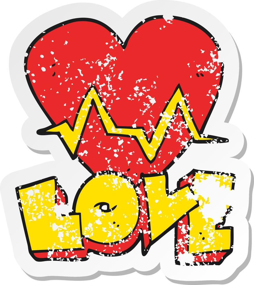 retro distressed sticker of a cartoon heart rate pulse love symbol vector