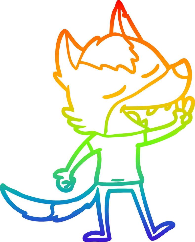dibujo de línea de gradiente de arco iris lobo de dibujos animados dando el signo de la paz vector