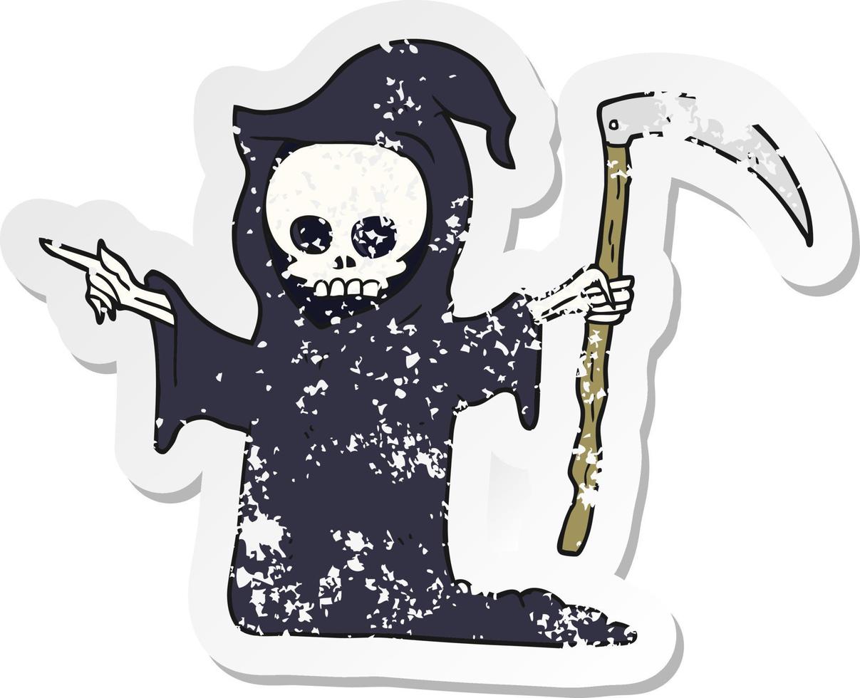 retro distressed sticker of a cartoon death with scythe vector