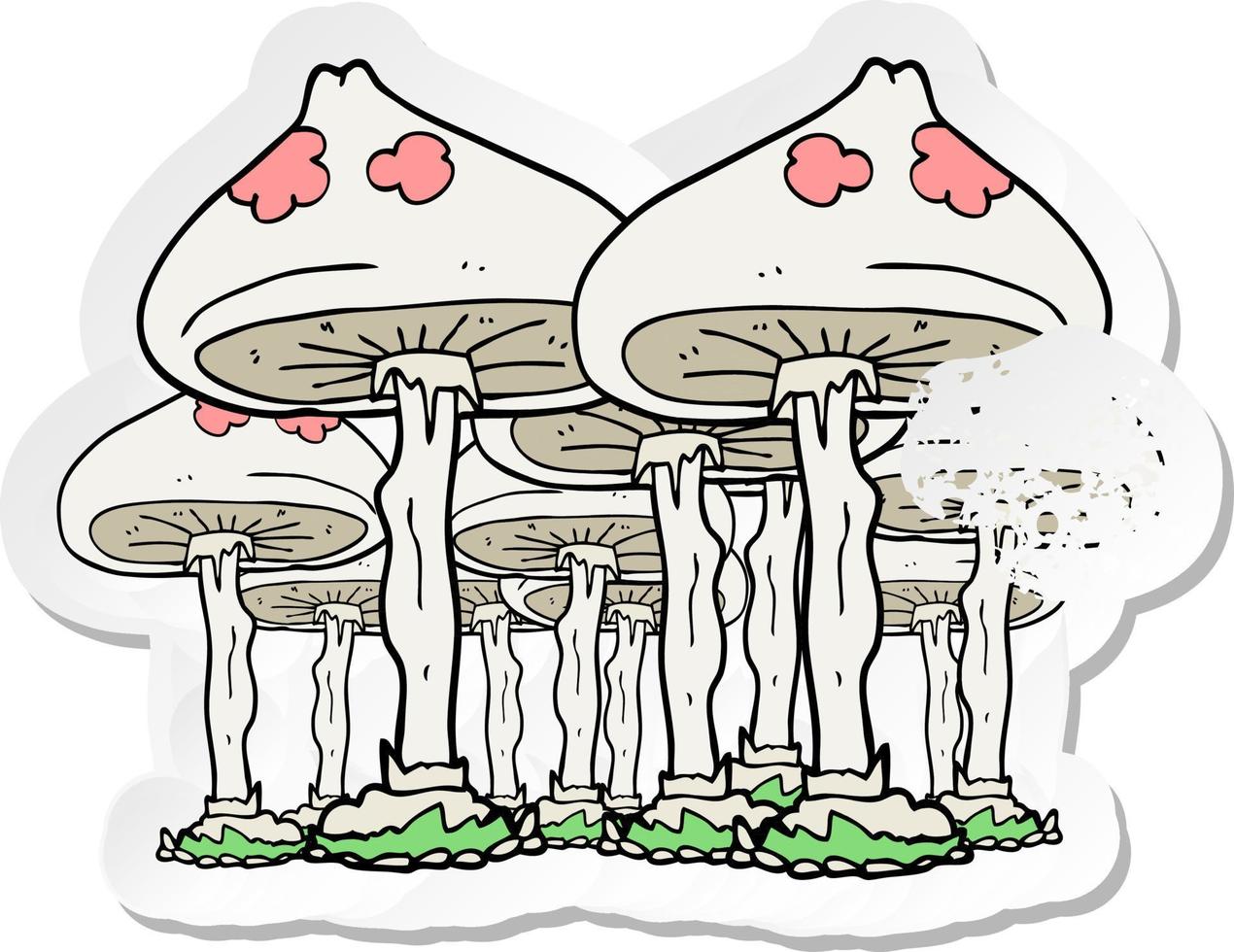 retro distressed sticker of a cartoon mushrooms vector