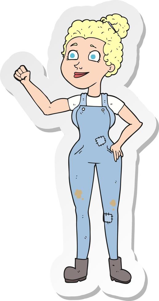 sticker of a cartoon woman in dungarees vector