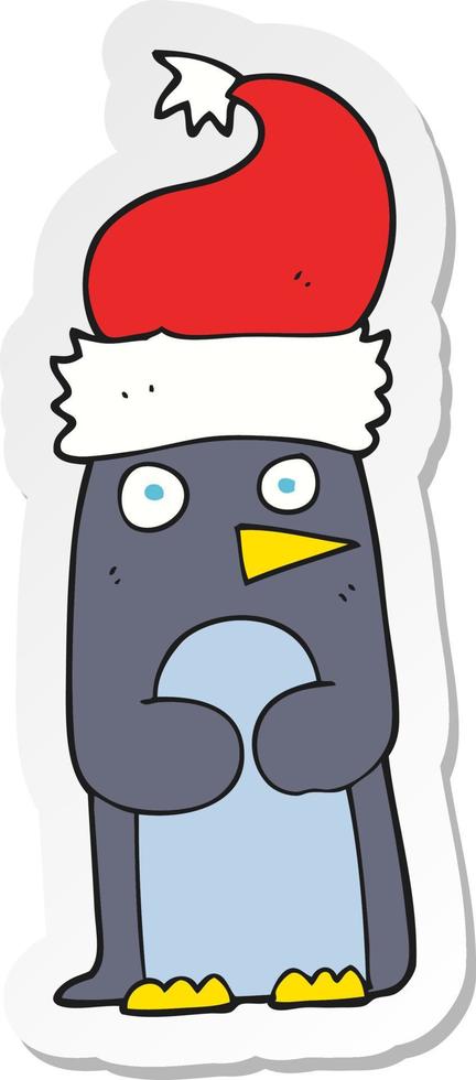 sticker of a cartoon penguin in christmas hat vector