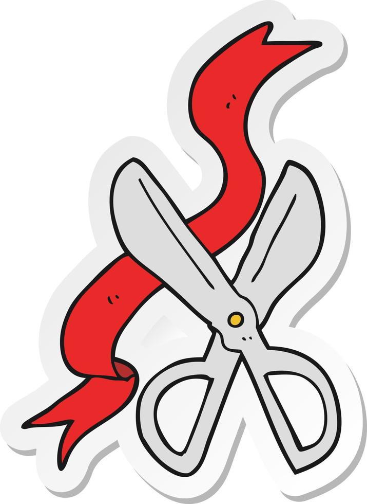 sticker of a cartoon scissors cutting ribbon vector