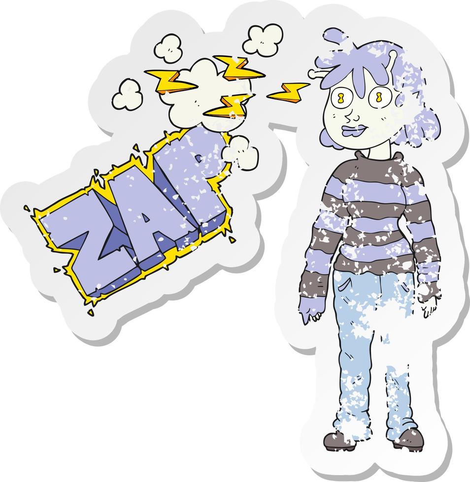 retro distressed sticker of a cartoon casual alien girl using telepathy vector