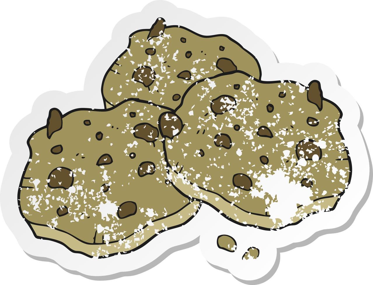 pegatina retro angustiada de una caricatura de galletas con trocitos de chocolate vector
