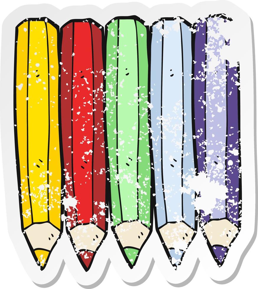 pegatina retro angustiada de lápices de colores de dibujos animados vector
