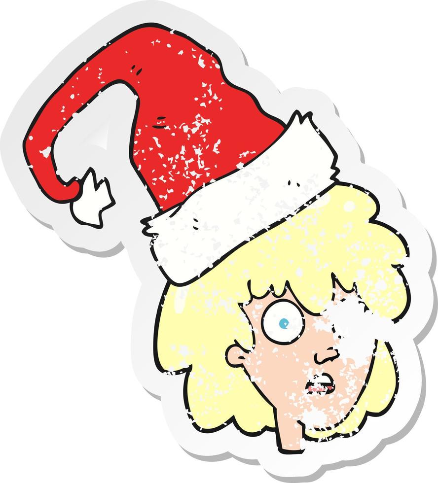 retro distressed sticker of a cartoon woman with santa hat vector