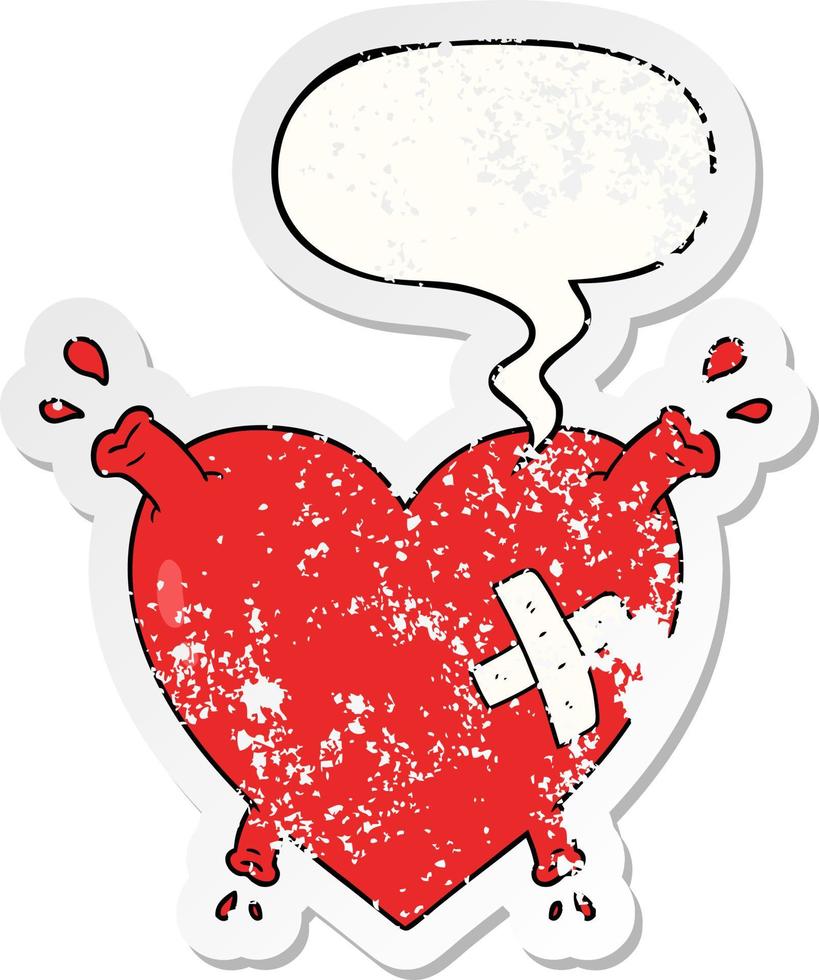 cartoon heart squirting blood and speech bubble distressed sticker vector