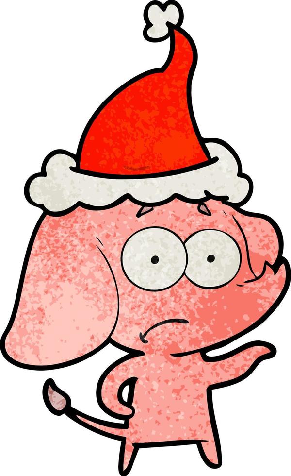 textured cartoon of a unsure elephant wearing santa hat vector