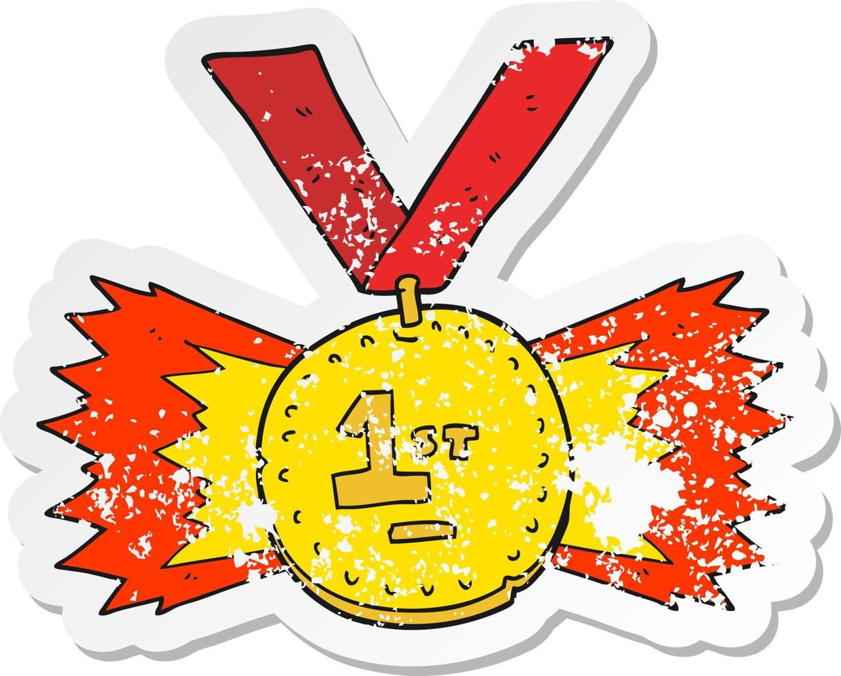 retro distressed sticker of a cartoon first place medal vector