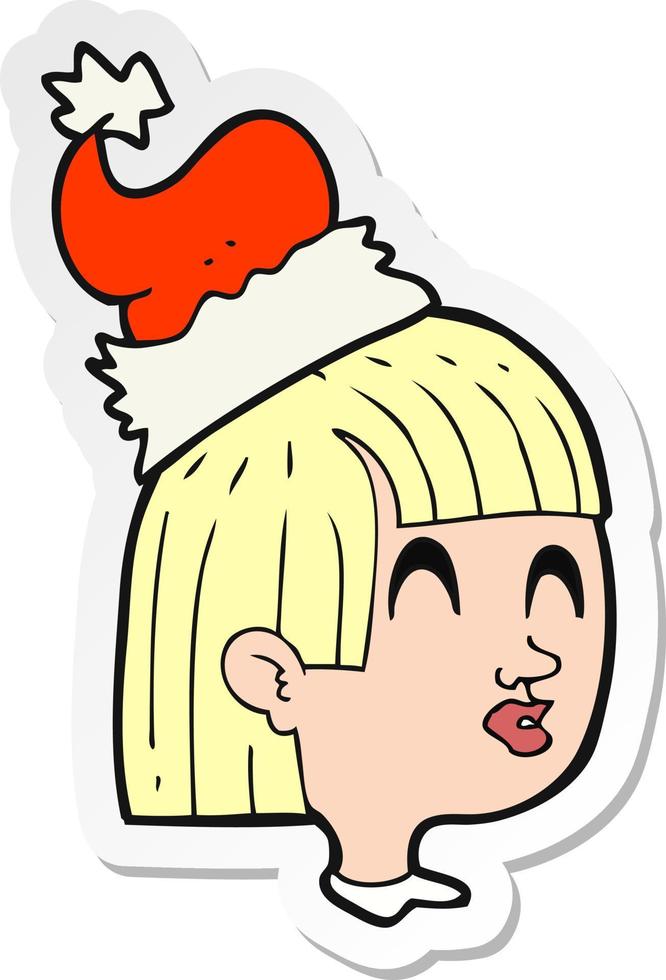 sticker of a cartoon girl wearing santa hat vector