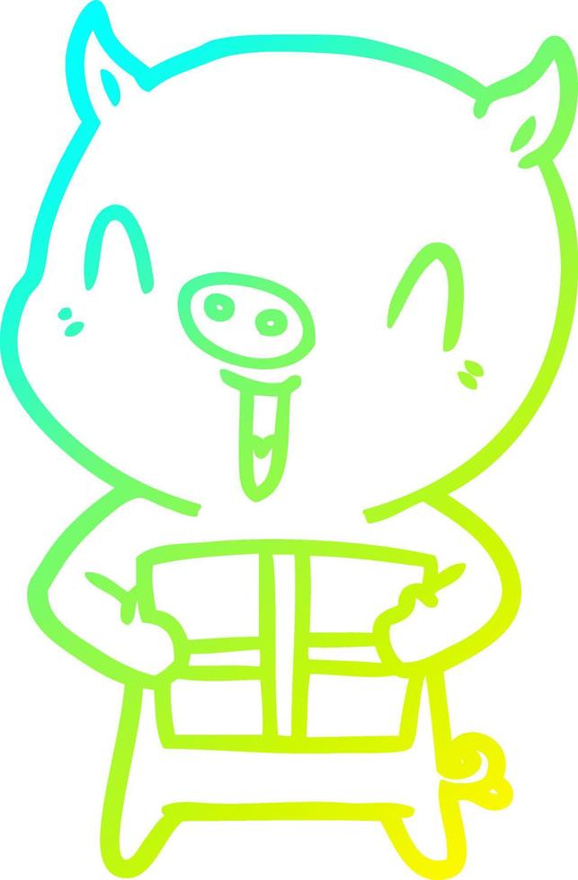 cold gradient line drawing happy cartoon pig with xmas present vector