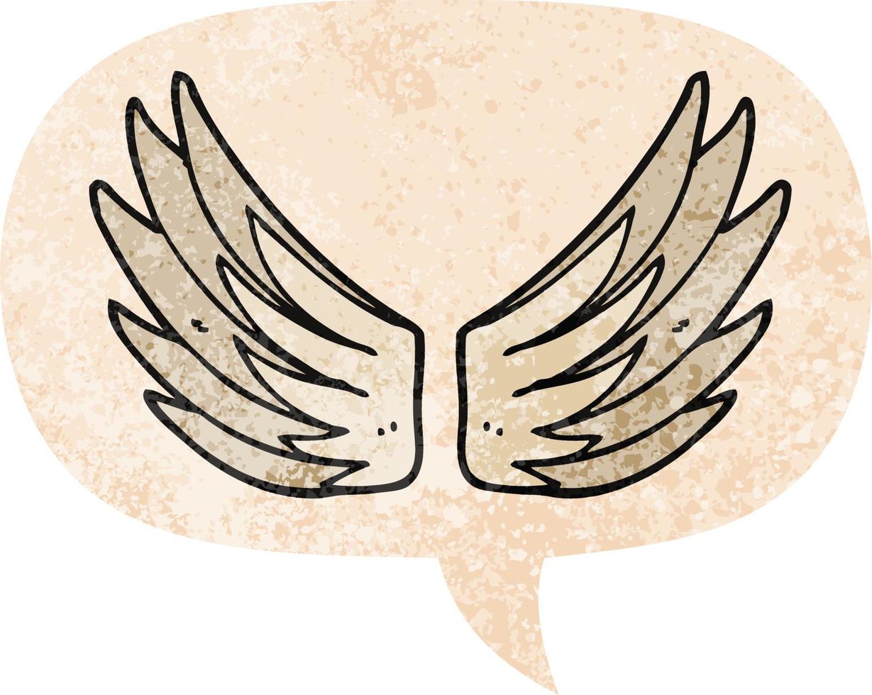símbolo de alas de dibujos animados y burbuja de habla en estilo retro texturizado vector
