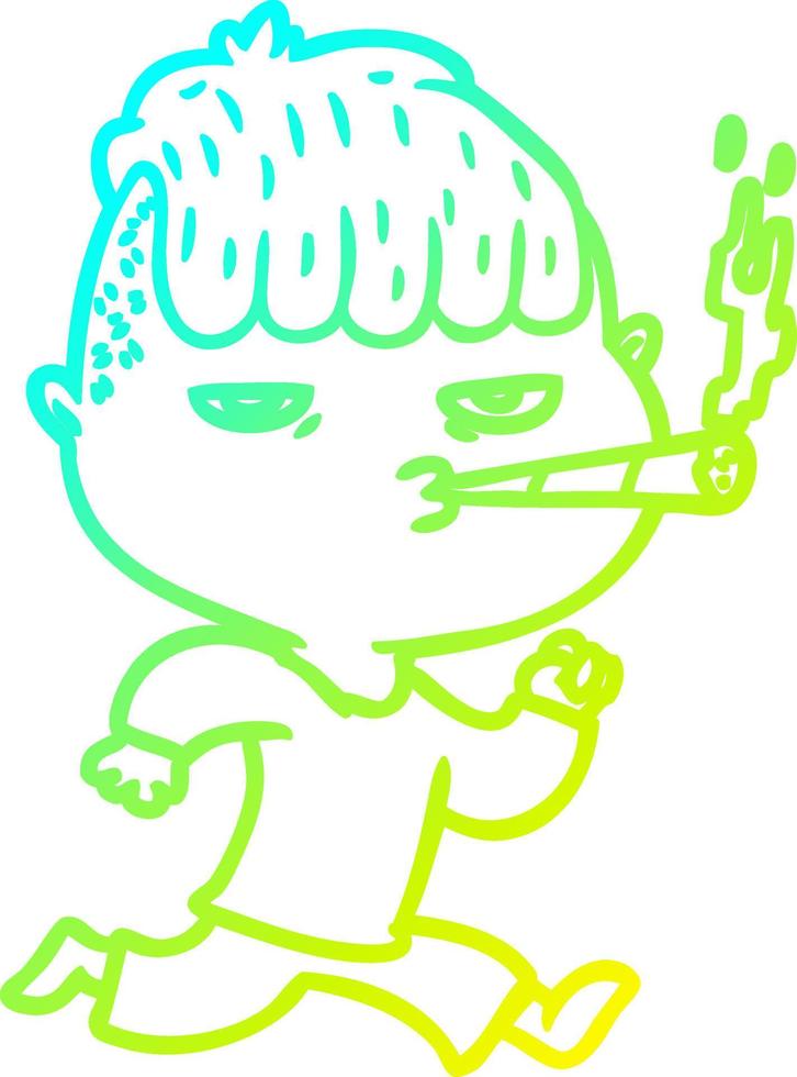 cold gradient line drawing cartoon man smoking whilst running vector
