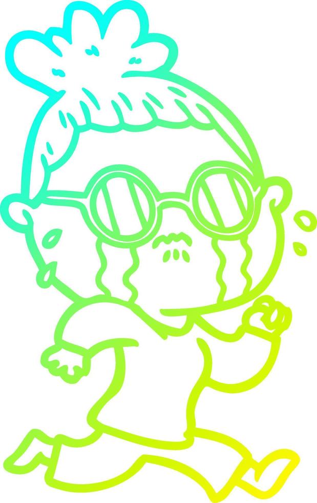 cold gradient line drawing cartoon crying woman wearing spectacles vector