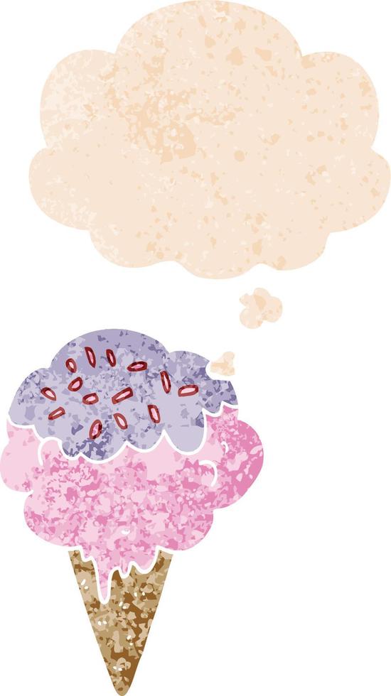 helado de dibujos animados y burbuja de pensamiento en estilo retro texturizado vector